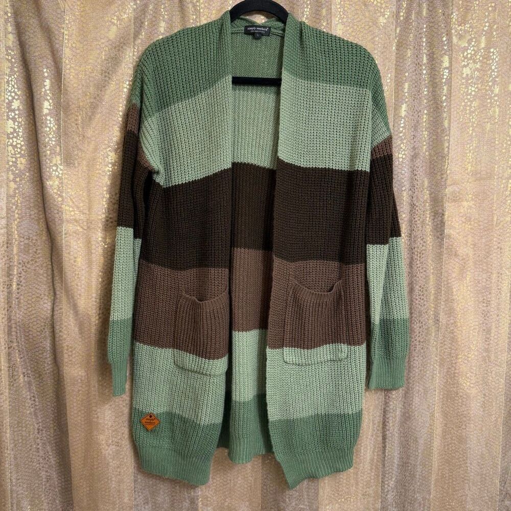 Simply Southern Striped Green Brown Knit Long Cardigan Sweater Fall Large